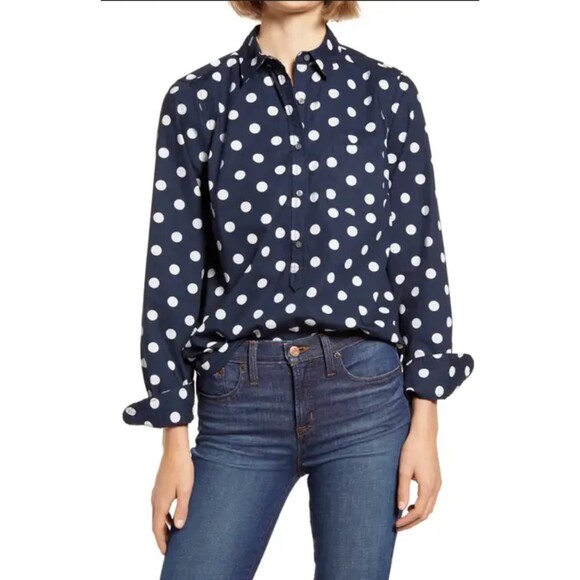 J. Crew Polka Dot Print Half-Button Down Cotton Poplin Pullover (NWT) - Picture 1 of 4